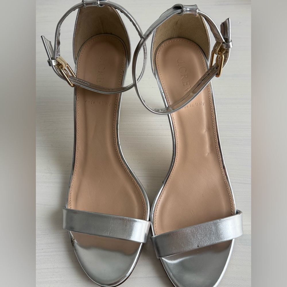 J. Crew Metallic Silver Leather Ankle-Strap Sandals